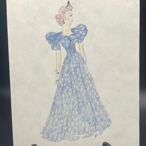 Original 1939 Hand Drawn Fashion Illustration In Blue Polka Dot Puff Sleeve Gown